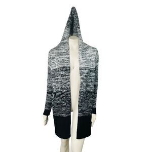 Domani Hooded Long Cardigan Ombre Knit Sweater Black White Marled‎ Open Cozy L